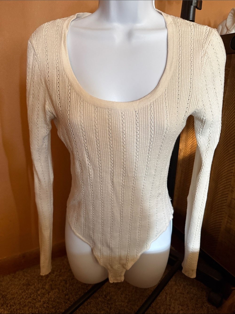 Scoop Neck Cream Ribbed Long Sleeve Bodysuit